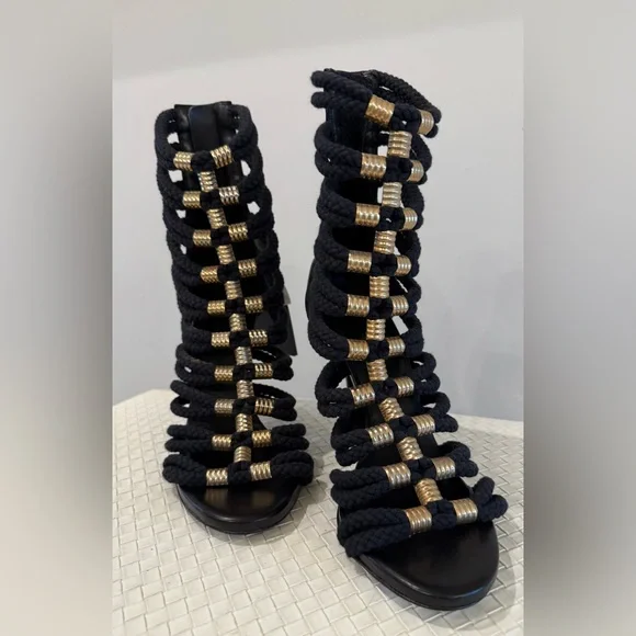 NEW WITH TAGS BALMAIN X H&M Black and Gold Rope Heels - Size 39 - Picture 4 of 16